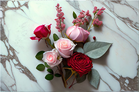 Beautiful bouquet of red and pink roses on the marble backgroundの素材