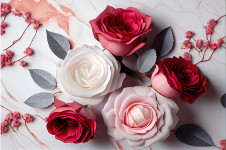 Flowers composition on white marble background. Flat lay, top viewの素材