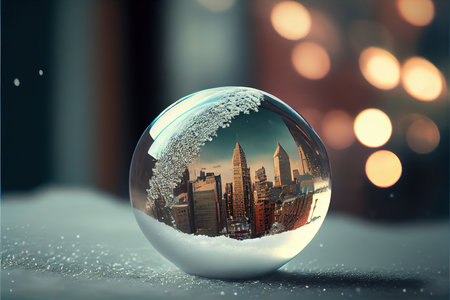 Snow globe with New York City skyline in the background. 3D renderingの素材