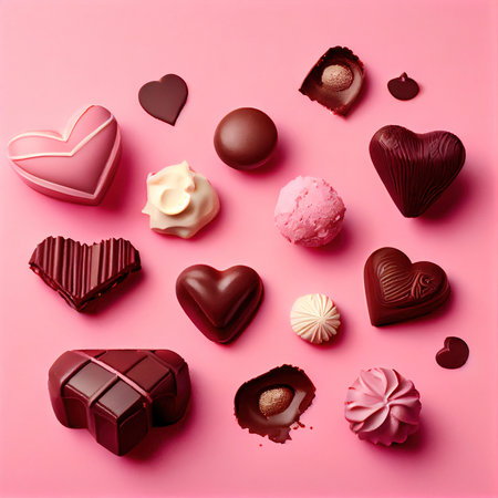 Set of assorted chocolate candies on pink background. Top view, flat layの素材