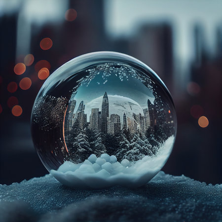 Snow globe with cityscape in the background. 3D Renderingの素材
