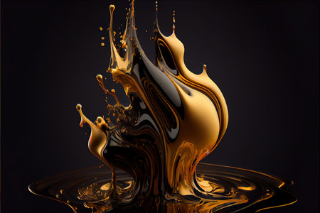 Splash of golden liquid on a black background. 3d rendering, 3d illustration.の素材