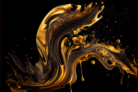 3d render of golden paint splash isolated on black background with copy spaceの素材
