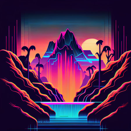 Retro 80s-90s Sci-Fi Landscape with mountains, palm trees and sunset.の素材