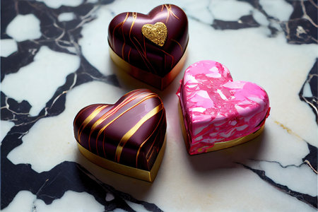 Heart-shaped chocolates for Valentine's Day on a marble backgroundの素材
