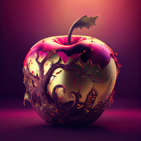 Red apple with leaf inside. Halloween concept. 3D illustration.の素材