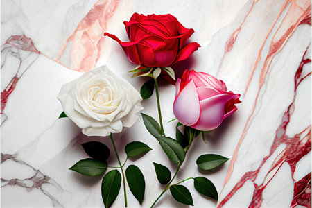 Beautiful white and red rosesle background. Flat lay, top view.の素材
