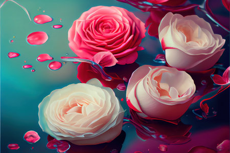 abstract background with rose flowers and water drops, retro tonedの素材