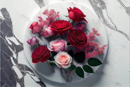 Festive table setting with red and white roses on white marble backgroundの素材