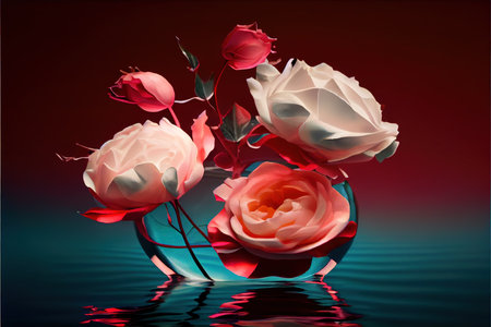 Red and white roses in a glass vase on a dark backgroundの素材