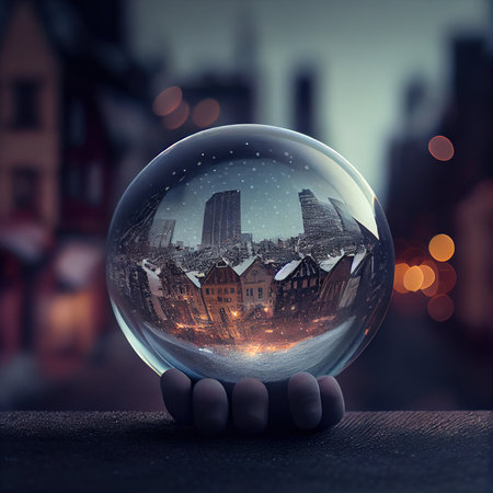 Crystal ball in hand with night city view. 3D Renderingの素材