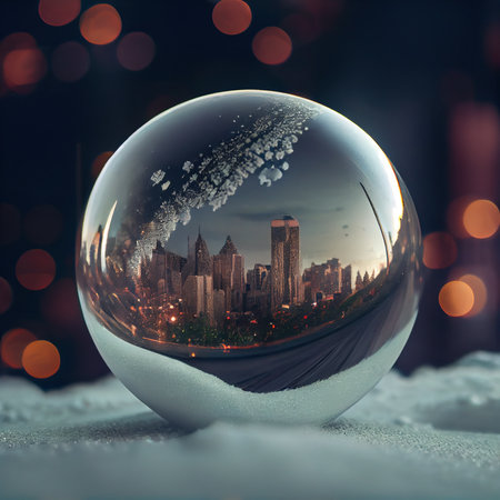 christmas glass ball with city skyline in snow and bokeh backgroundの素材