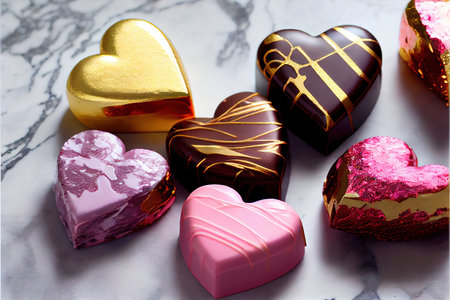 Heart-shaped chocolate candies on a marble background. Valentine's Day.の素材