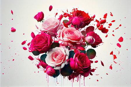 Colorful roses bouquet with splashes and drops on white backgroundの素材