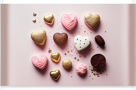Valentine's Day background with chocolate hearts and candies on pink backgroundの素材