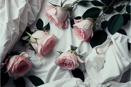Pink roses and green leaves on white bedding. Flat lay.の素材