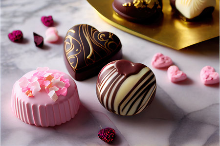 Valentine's day chocolate candies on white marble background.の素材