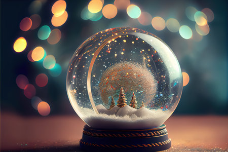 Snow globe with christmas tree and bokeh background. 3D renderingの素材