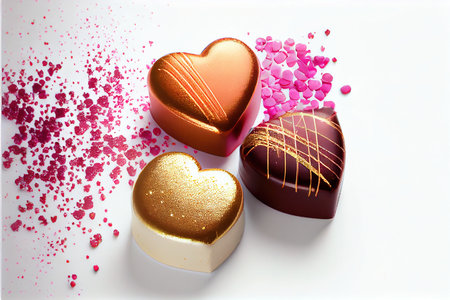 Chocolates in the shape of hearts on a white background.の素材