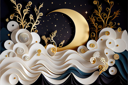 Ramadan Kareem background with crescent moon and clouds. Vector illustration.の素材