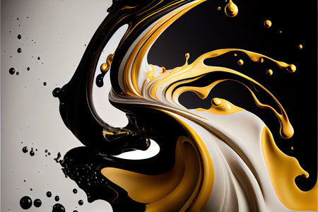 3d illustration of black and white liquid background with gold splashesの素材