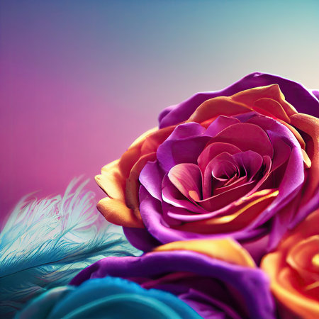 close up of a colorful rose bouquet on a pink and blue backgroundの素材