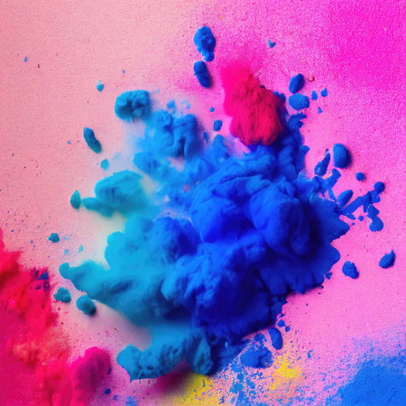 Colorful powder explosion on pink background. Colorful explosion of colored powder.の素材