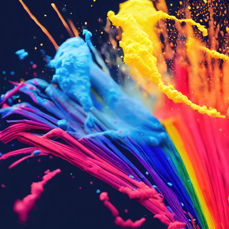 Colorful splashes of paint on a black background. Close-up.の素材