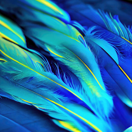 close-up of blue and yellow feathers as a background. macroの素材