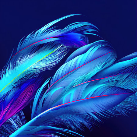 Beautiful abstract color blue and red feathers on black background and soft white feather texture on dark pattern and blue background, feather background, blue bannersの素材
