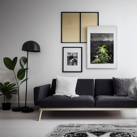 Interior of modern living room with black sofa, plants and picture framesの素材
