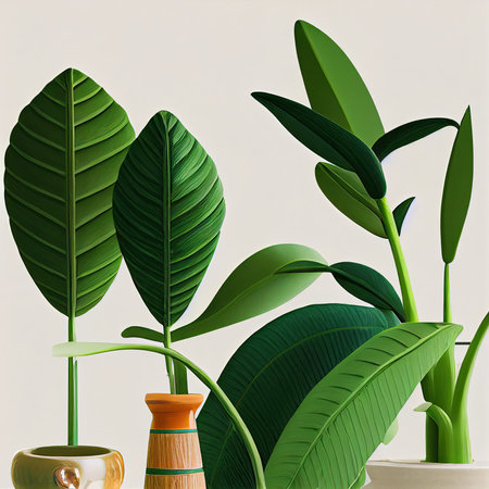 3d render of green houseplants in pots on white backgroundの素材
