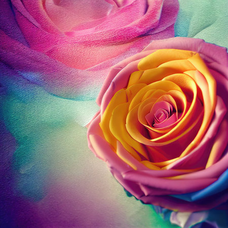 close up of beautiful multicolored rose flower on textured backgroundの素材