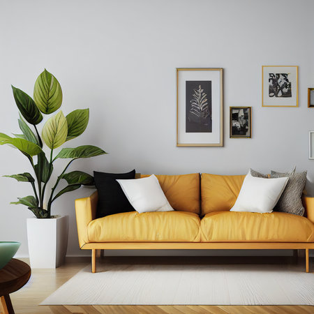 Interior of modern living room with yellow sofa, pillows and plant. 3d renderの素材