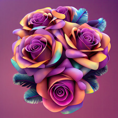 Colorful roses bouquet with feathers on a purple background. Vector illustration.の素材