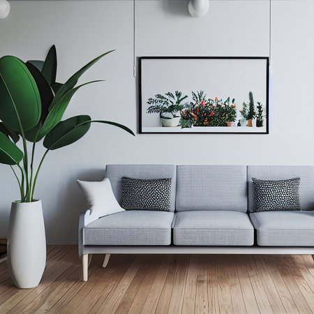 Interior of modern living room with grey sofa. 3d renderの素材