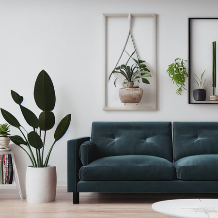Modern living room interior with green sofa, plants and mock up poster frame. 3d renderの素材