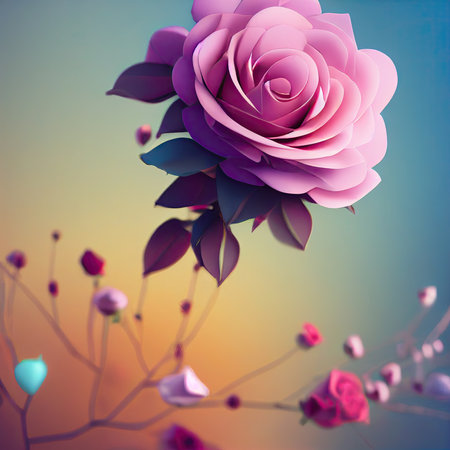 Pink rose on blue background. Floral design element. 3d renderingの素材