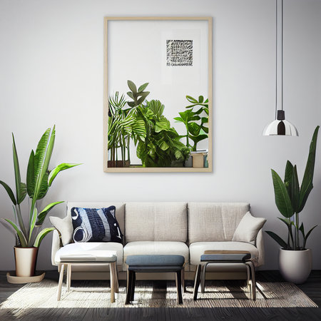 Interior of modern living room with white walls, wooden floor, beige sofa, blue armchairs and plants in pots. 3d renderの素材