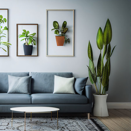 Interior of modern living room with blue sofa and plants. 3d renderの素材