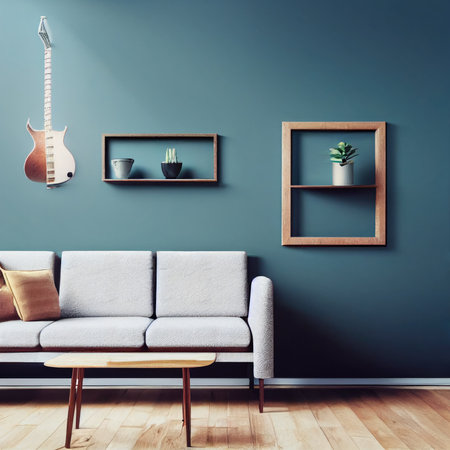 Interior of modern living room with grey sofa, wooden bookshelf and guitar. 3d renderの素材