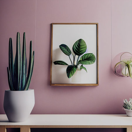 Mock up poster frame in modern living room interior with plants. 3d renderの素材