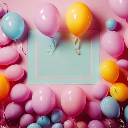 Colorful balloons on pastel pink background. Flat lay, top viewの素材