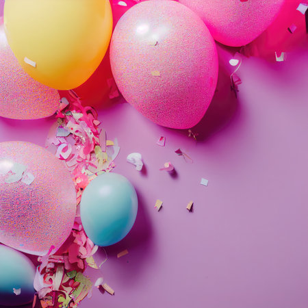 Colorful balloons, confetti and ribbons on a pink backgroundの素材