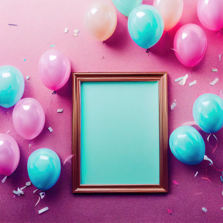 Festive background with colorful balloons, frame and confetti. Flat lay, top viewの素材