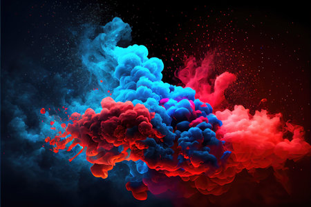 Neon blue and red multicolored smoke puff cloud design elements on a dark backgroundの素材