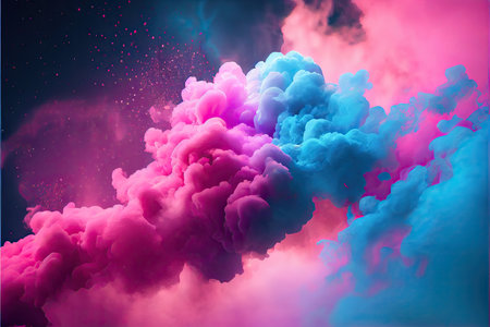 Neon blue and purple multicolored smoke puff cloud design elements on a dark backgroundの素材