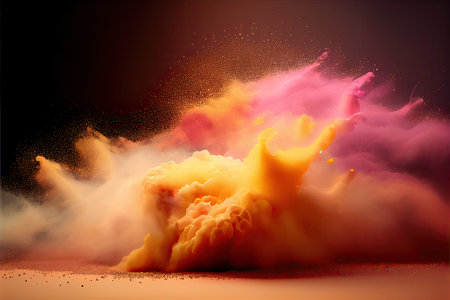 Neon yellow and pink multicolored smoke puff cloud design elements on a dark backgroundの素材