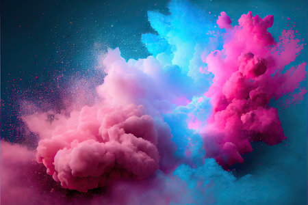 Neon blue and purple multicolored smoke puff cloud design elements on a dark backgroundの素材