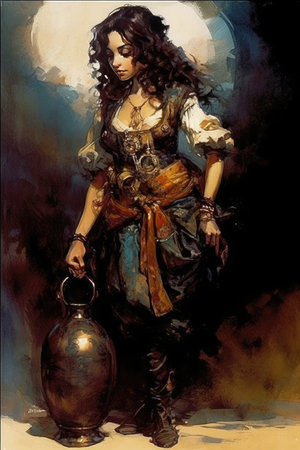 Beautiful woman with a jug of water, oil painting on canvasの素材